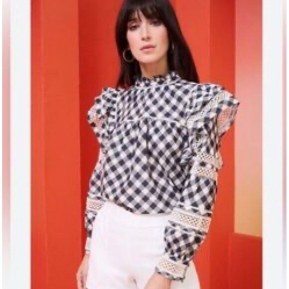 Marie Oliver Tops - MARIE OLIVER Silk Blend Que Indigo Gingham Plaid Long Sleeve Ruffle Top L